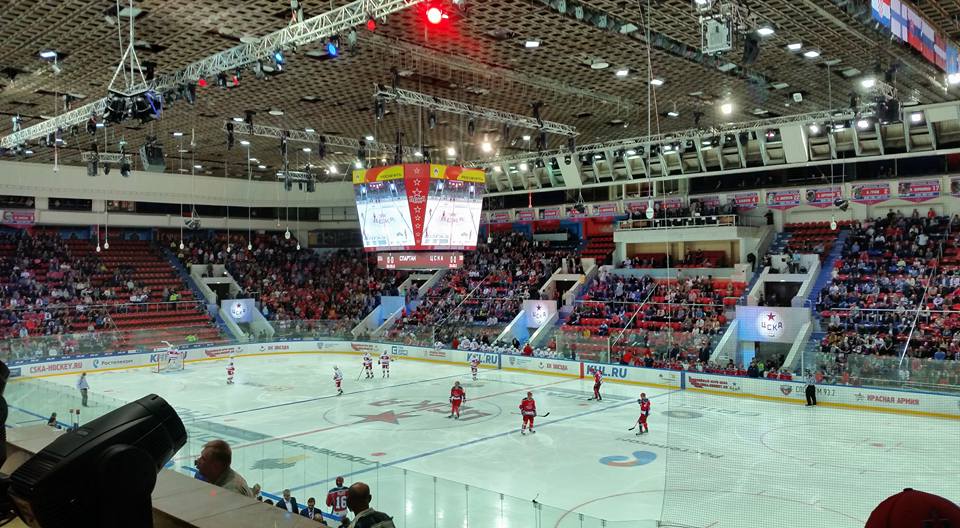 Opening faceoff last night between CSKA and Spartak in the KHL.