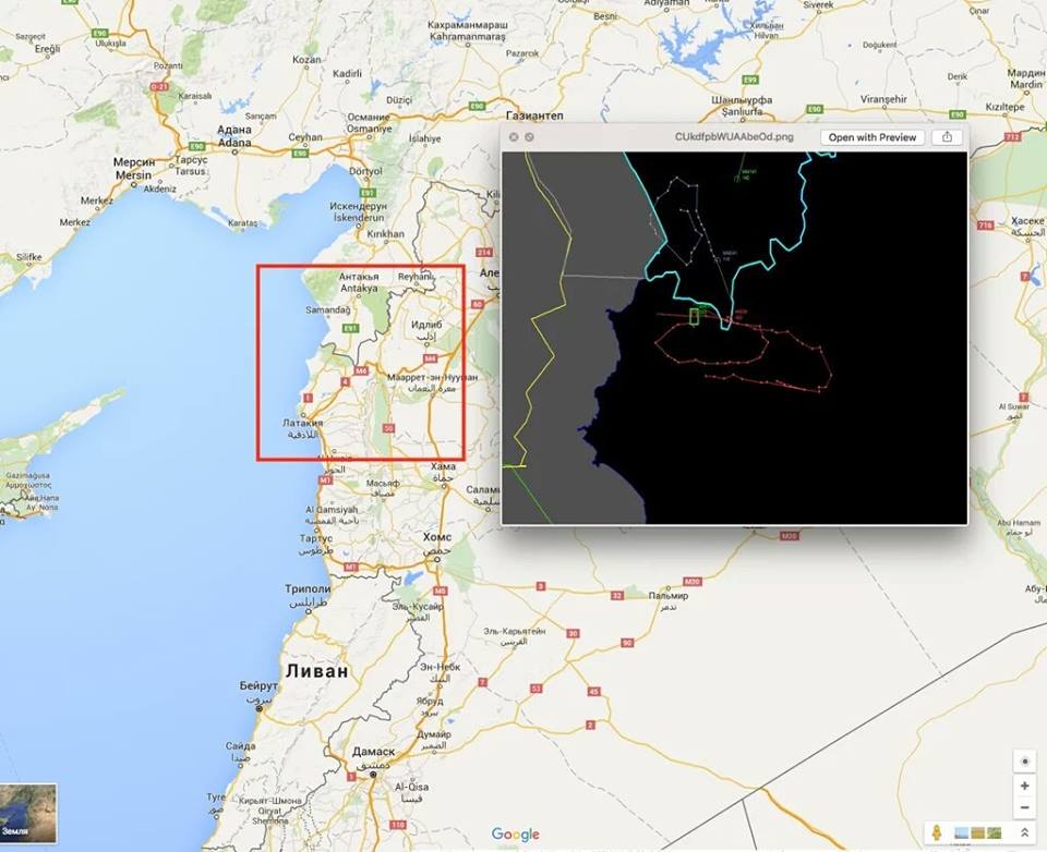 Blue line is the border. Green rectangle is where Turkish F-16 (grey) shot down Russian Su-24 (red)